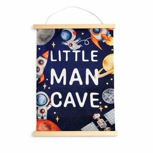 Little Man Cave Space Astronaut Fabric Wall Hanging Wood Frame 12x16 Navy Blue